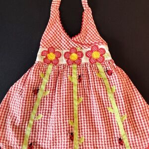 Red and White Gingham Kids Dress with Floral Accents
